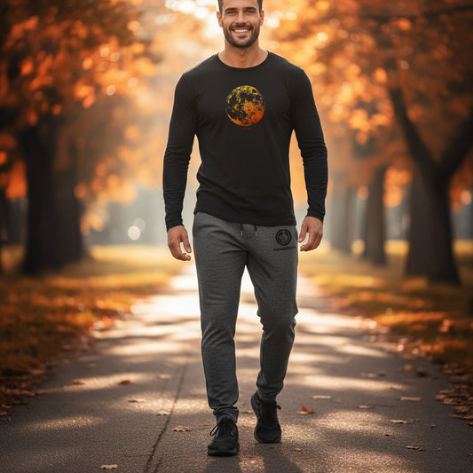 Man walking on a path with autumn trees in the background with Dawn Joggers Heather Black with Black Embroidery Logo on.