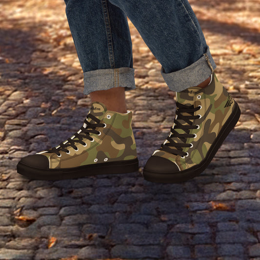 HGS High-Top Sneakers Camouflage with Black Trima worn on a cobblestone street.