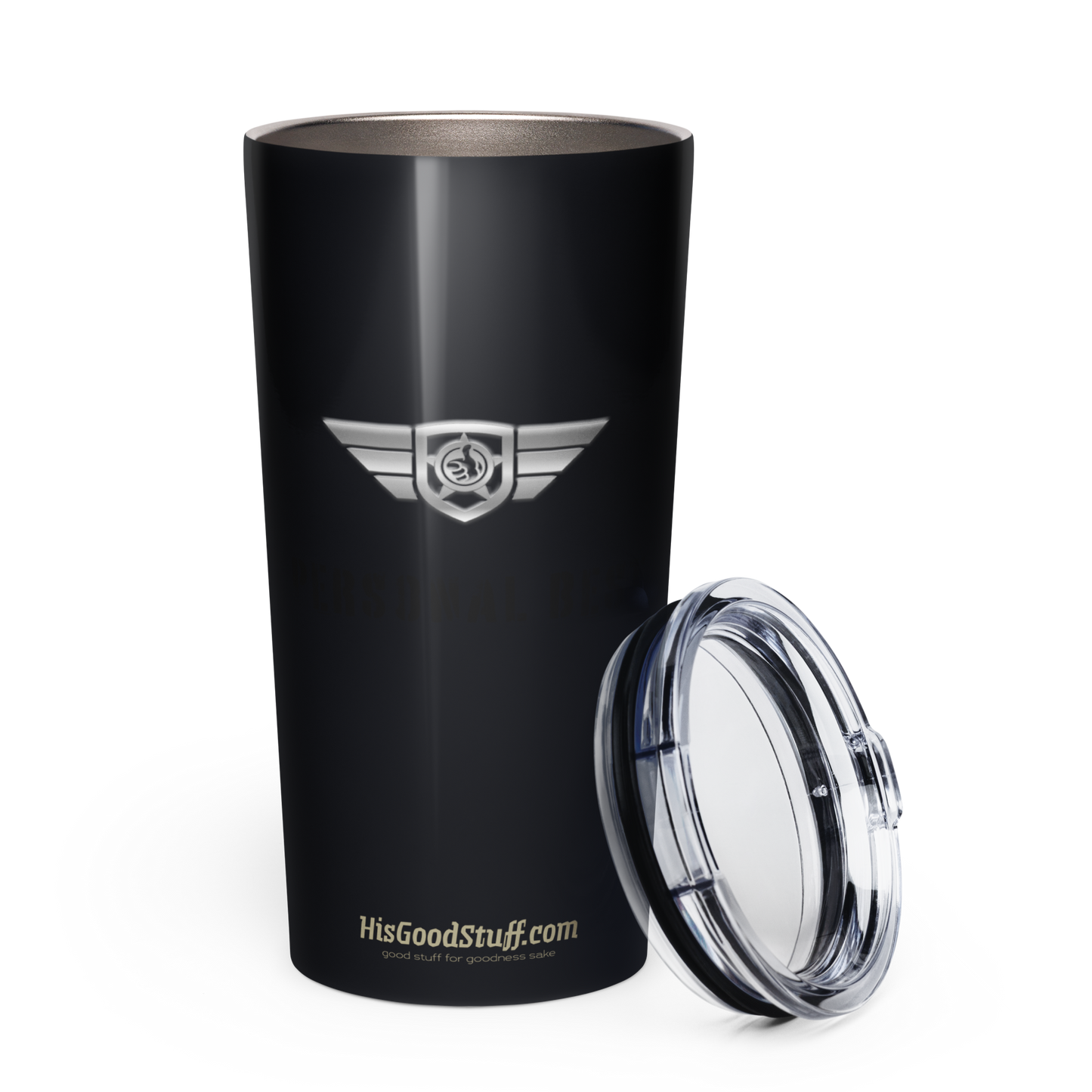Black tumbler with a logo and website text on a white background