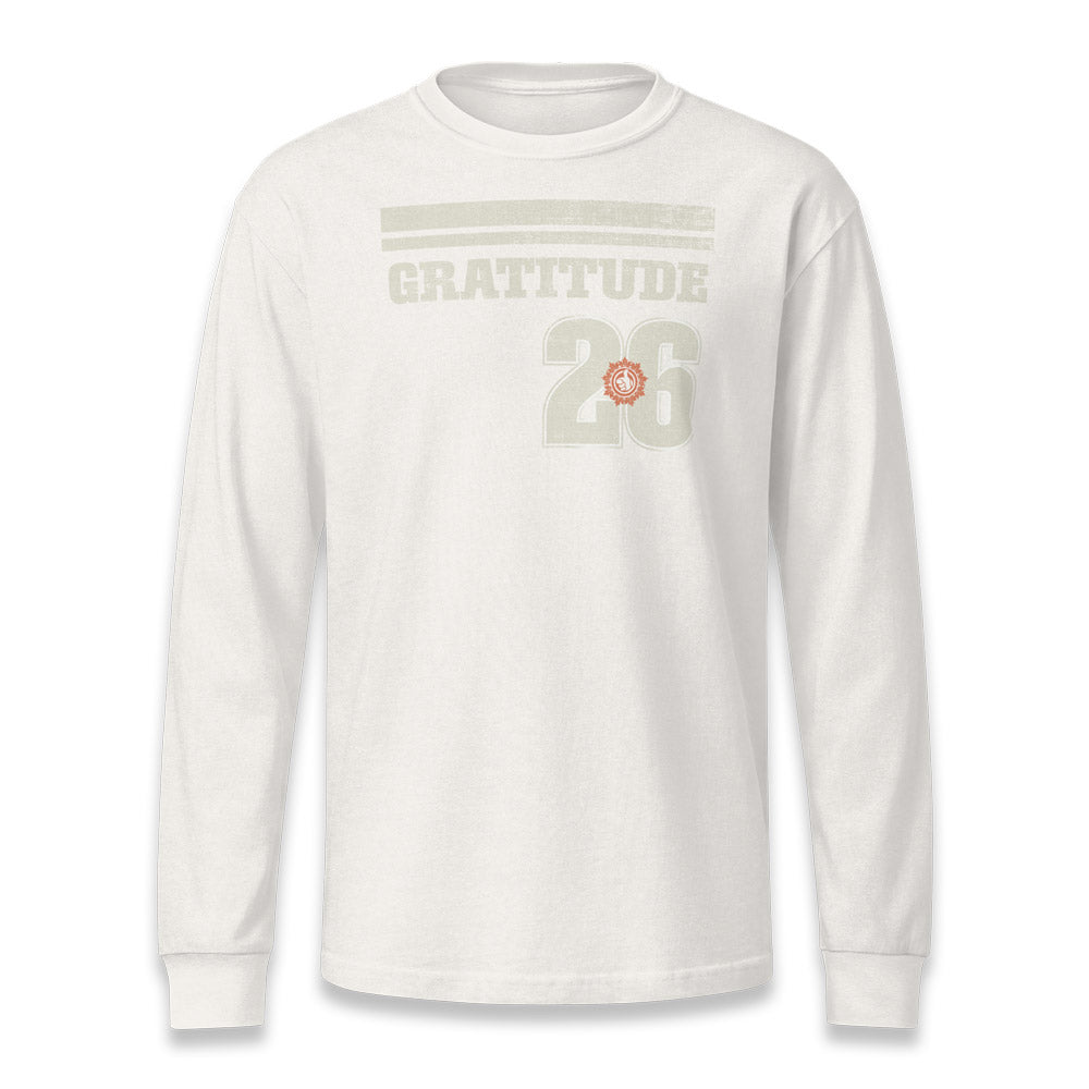His Good Stuff's Autumn Catalog HGS26S4 Gratitude Jersey, front, heavyweight, 100% ring-spun cotton, white, long-sleeve, on a white background. The graphic displays two bars above the letters GRATITUDE, the number 26, and the HGS Fall thumbs-up icon.
