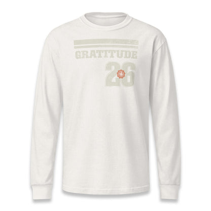 His Good Stuff's Autumn Catalog HGS26S4 Gratitude Jersey, front, heavyweight, 100% ring-spun cotton, white, long-sleeve, on a white background. The graphic displays two bars above the letters GRATITUDE, the number 26, and the HGS Fall thumbs-up icon.