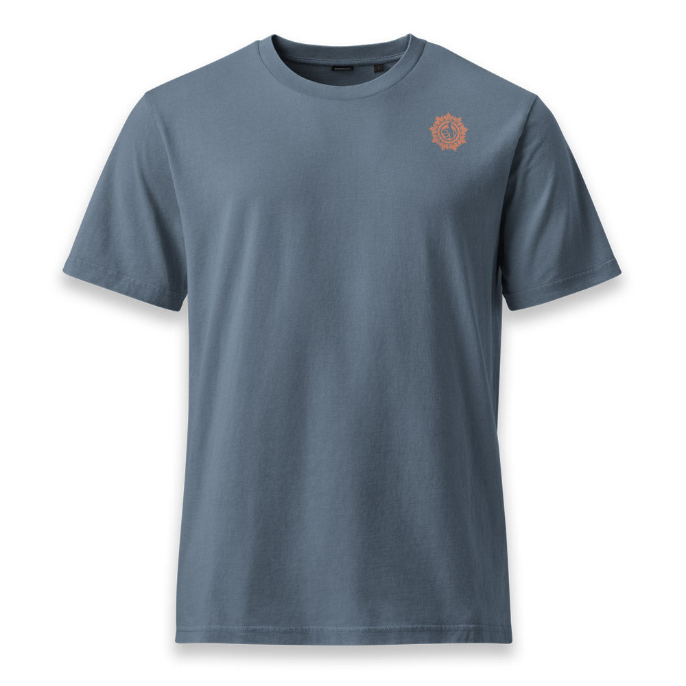His Good Stuff's Autumn Catalog HGS26S4 Autumn Tee, front, relaxed fit, 100% ring-spun cotton, grey, short-sleeve, on a white background. Graphic displays in the top right a small HGS Fall thumbs-up icon
