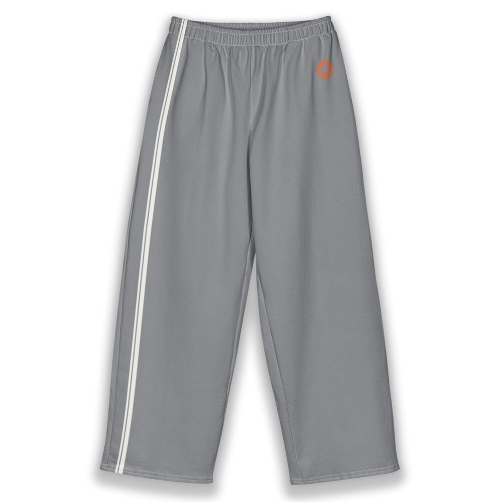 His Good Stuff's Autumn Catalog HGS26S4 Cotton Pants, front, wide-leg, heavyweight cotton-spandex blend, ultimate grey with 2 cloud dancer white stripes, on a white background. Graphic displays in the top right a brandied-melon-colored HGS Fall thumbs-up icon.