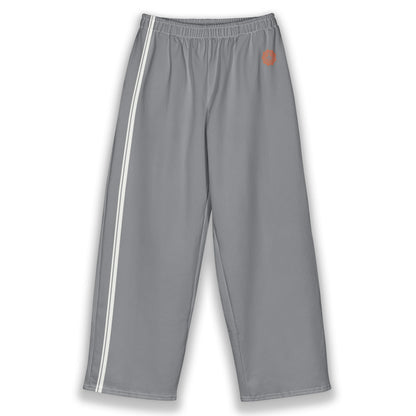 His Good Stuff's Autumn Catalog HGS26S4 Cotton Pants, front, wide-leg, heavyweight cotton-spandex blend, ultimate grey with 2 cloud dancer white stripes, on a white background. Graphic displays in the top right a brandied-melon-colored HGS Fall thumbs-up icon.