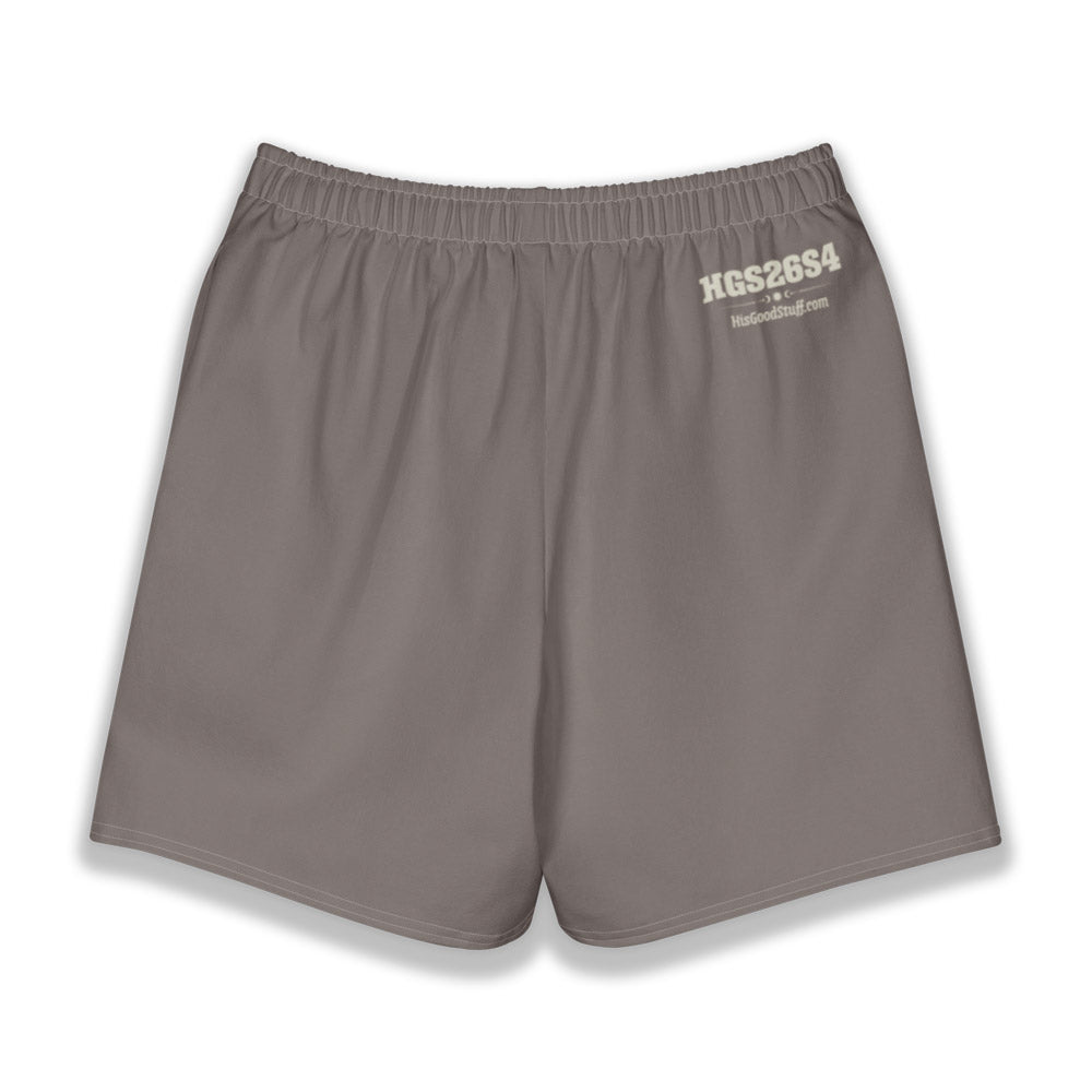 His Good Stuff's Autumn Catalog HGS26S4 Cotton Shorts, back, Long Shorts, heavyweight cotton-spandex blend, driftwood, on a white background. Graphic displays in the top right the letters "HGS26S4" over HisGoodStuff.com