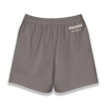 His Good Stuff's Autumn Catalog HGS26S4 Cotton Shorts, back, Long Shorts, heavyweight cotton-spandex blend, driftwood, on a white background. Graphic displays in the top right the letters "HGS26S4" over HisGoodStuff.com