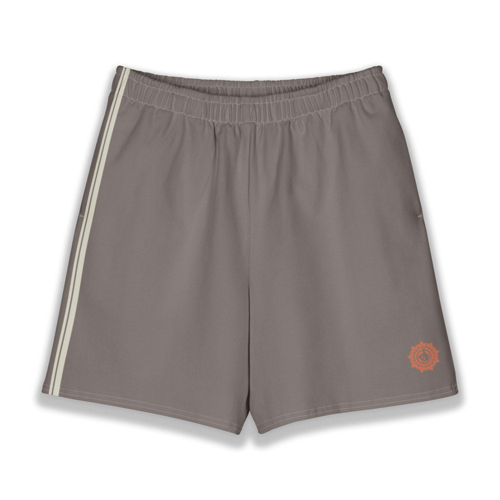 His Good Stuff's Autumn Catalog HGS26S4 Cotton Shorts, front, Long Shorts, heavyweight cotton-spandex blend, driftwood with 2 light grey stripes, on a white background. Graphic displays in the lower right a brandied-melon-colored HGS Fall thumbs-up icon.