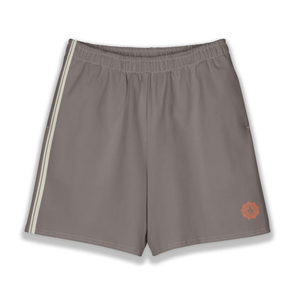 His Good Stuff's Autumn Catalog HGS26S4 Cotton Shorts, front, Long Shorts, heavyweight cotton-spandex blend, driftwood with 2 light grey stripes, on a white background. Graphic displays in the lower right a brandied-melon-colored HGS Fall thumbs-up icon.