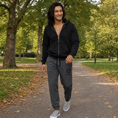 His Good Stuff's Autumn Catalog HGS26S4 Fleece Joggers, front, tapered fit, preshrunk fleece, heather black, on a model walking outside in a city park in Fall. Graphic displays in the top right a black thread embroidery of a HGS Fall thumbs-up icon over HisGoodStuff.com