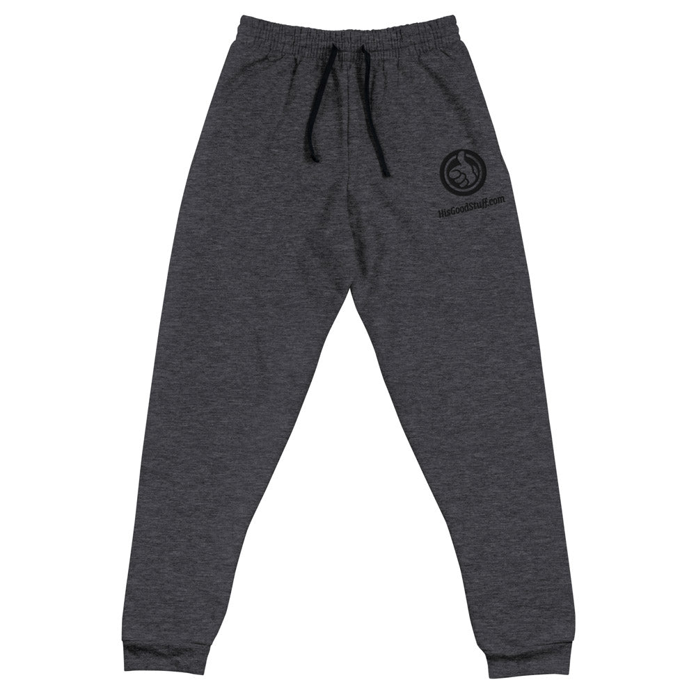 His Good Stuff's Autumn Catalog HGS26S4 Fleece Joggers, front, tapered fit, preshrunk fleece, heather black, on a white background. Graphic displays in the top right a black thread embroidery of a HGS Fall thumbs-up icon over HisGoodStuff.com