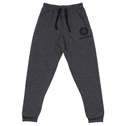 His Good Stuff's Autumn Catalog HGS26S4 Fleece Joggers, front, tapered fit, preshrunk fleece, heather black, on a white background. Graphic displays in the top right a black thread embroidery of a HGS Fall thumbs-up icon over HisGoodStuff.com