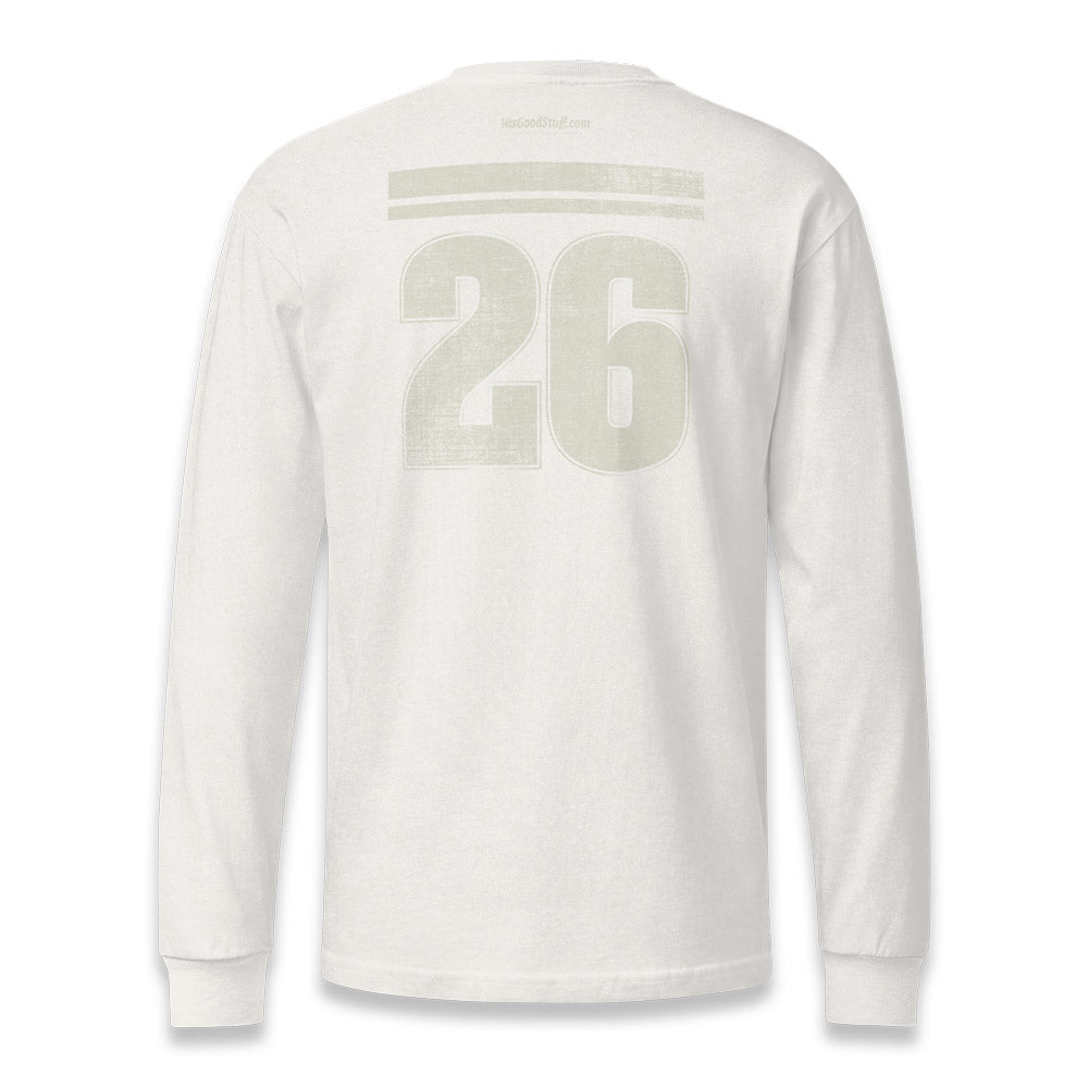 His Good Stuff's Autumn Catalog HGS26S4 Gratitude Jersey, back, heavyweight, 100% ring-spun cotton, white, long-sleeve, on a white background. The graphic displays two bars above the number 26.