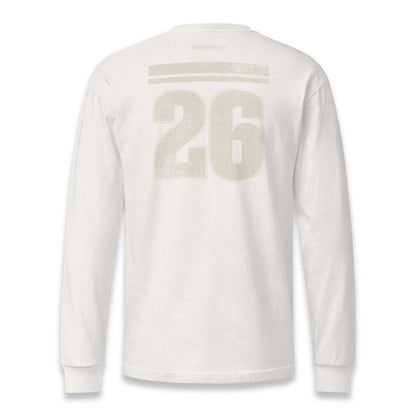 His Good Stuff's Autumn Catalog HGS26S4 Gratitude Jersey, back, heavyweight, 100% ring-spun cotton, white, long-sleeve, on a white background. The graphic displays two bars above the number 26.