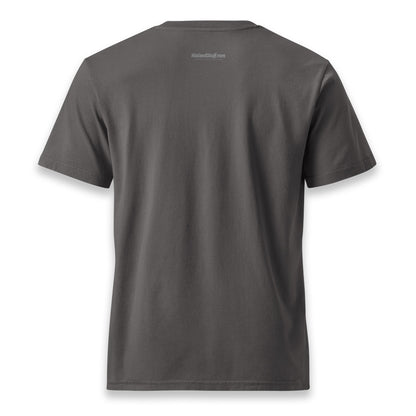 His Good Stuff's Autumn Catalog HGS26S4 Gratitude Tee, back, relaxed fit, 100% ring-spun cotton, grey, short-sleeve, front, on a white background. Graphic displays underneath the collar a small HisGoodStuff.com