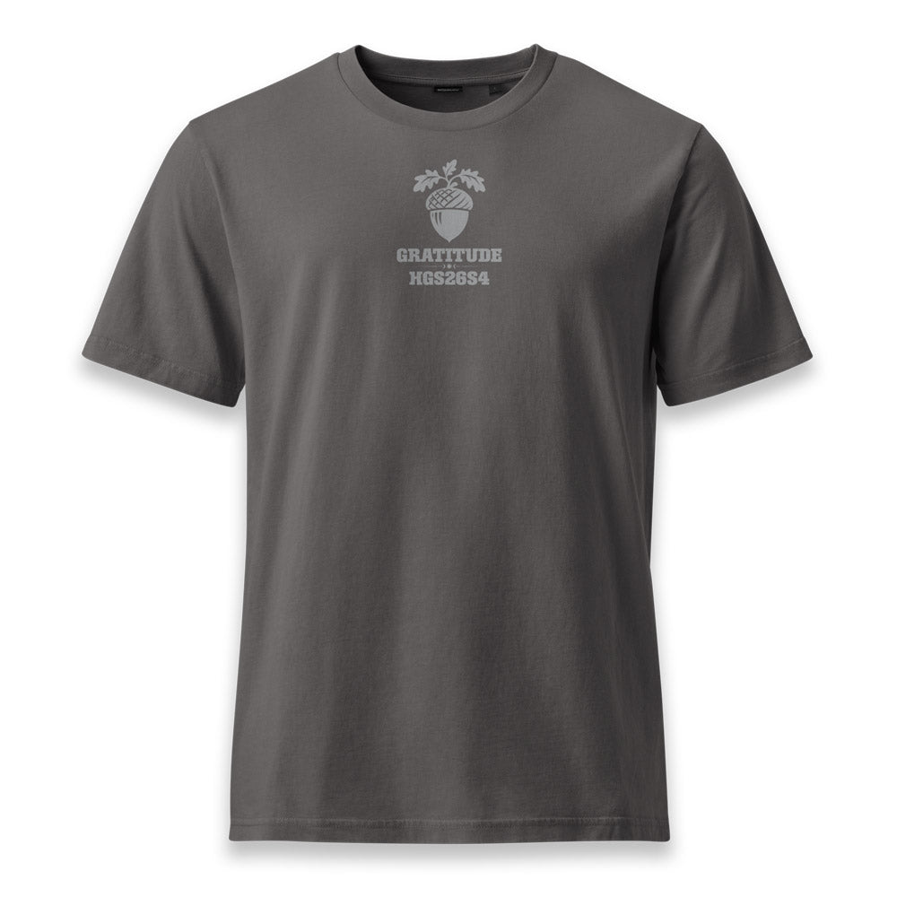 His Good Stuff's Autumn Catalog HGS26S4 Gratitude Tee, front, relaxed fit, 100% ring-spun cotton, grey, short-sleeve, front, on a white background. Graphic displays an acorn graphic above the letters "GRATITUDE" and "HGS26S4".
