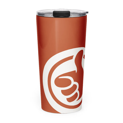 His Good Stuff's Autumn Catalog HGS26S4 Travel Tumbler, front view, 20 oz, glossy stainless steel, vacuum-sealed insulation, on a white background. Graphics display a cloud dancer white HGS thumbs-up icon.