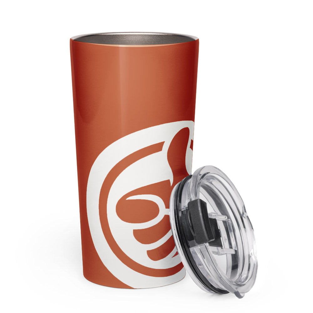 His Good Stuff's Autumn Catalog HGS26S4 Travel Tumbler, front view, lid off, 20 oz, glossy stainless steel, vacuum-sealed insulation, on a white background. Graphics display a cloud dancer white HGS thumbs-up icon.