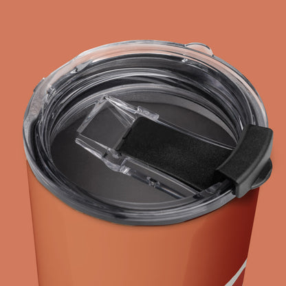 His Good Stuff's Autumn Catalog HGS26S4 Travel Tumbler, top detail view, 20 oz, glossy stainless steel, vacuum-sealed insulation, on a flat Brandied Melon background.