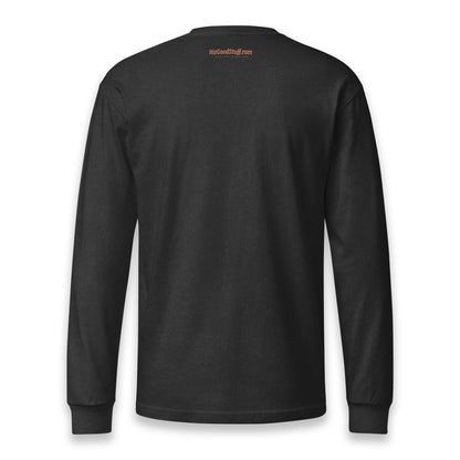 His Good Stuff's Autumn Catalog HGS26S4 United Equality, back, heavyweight, 100% ring-spun cotton, black, long-sleeve, against a flat white background. Beneath the collar, a small graphic displays HisGoodStuff.com
