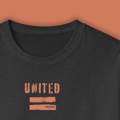 His Good Stuff's Autumn Catalog HGS26S4 United Equality, front, fabric detail, heavyweight, 100% ring-spun cotton, black, long-sleeve, detail of fabric against a flat Brandied Melon background. Graphic displays two bars beneath the distressed letters "EQUALITY".