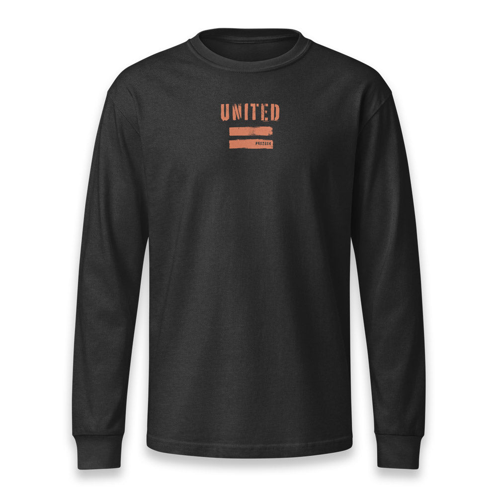 His Good Stuff's Autumn Catalog HGS26S4 United Equality, front, heavyweight, 100% ring-spun cotton, black, long-sleeve, against a flat white background. Graphic displays two bars beneath the distressed letters "EQUALITY".