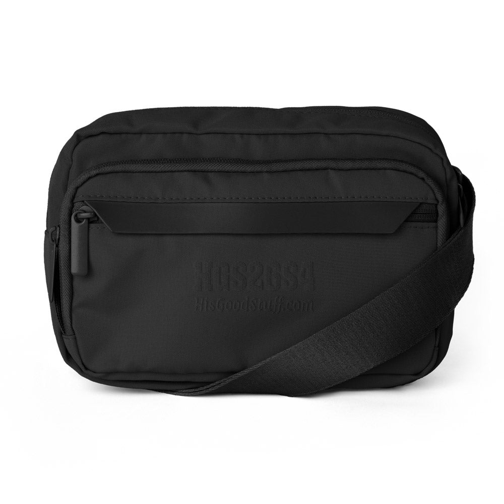 His Good Stuff's Autumn Catalog HGS26S4 Urban Bag, front view, sleek, functional design with an adjustable shoulder strap and a secure zip closure, on a white background. Black with black-thread-embroidered letters "HGS26S4" and HisGoodStuff.com underneath