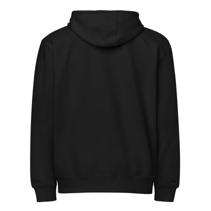His Good Stuff's Autumn Catalog HGS26S4 Zip Hoodie, back, relaxed fit, black fleece, matching round drawcord with metal eyelets and tipped end, on a model against a white background. 