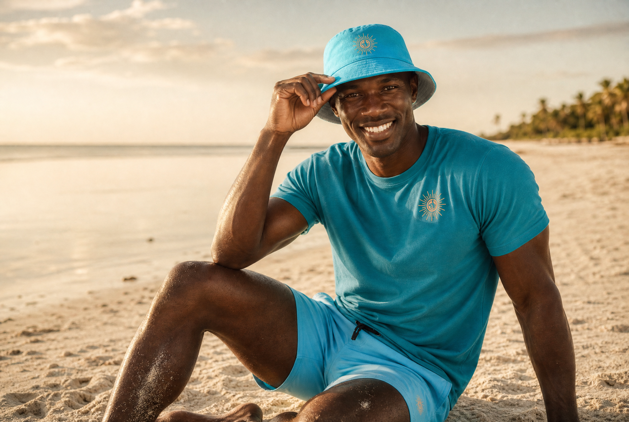 Man wearing a blue shirt and hat sitting on a beach with palm trees in the background