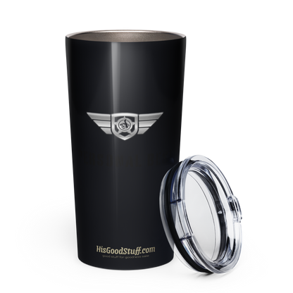 Black tumbler with a logo and website text on a white background